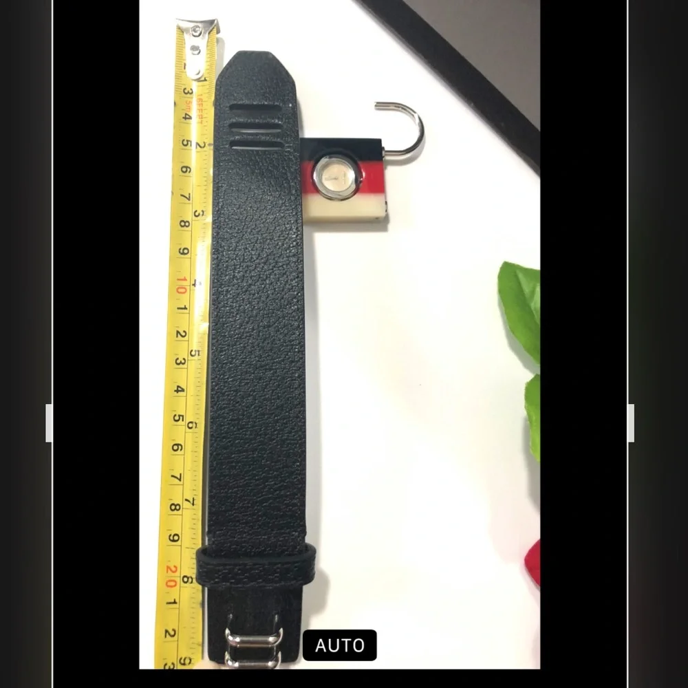 Gucci Black Leather Bracelet Watch with Red, White & Blue Pendant